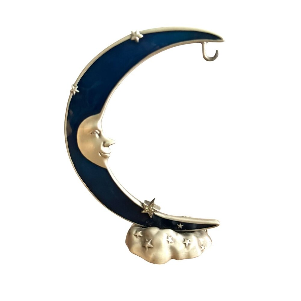 Spoontiques Pewter Glitter Blue Enameled Moon Face Star Ornament Holder Stand - Picture 7 of 8